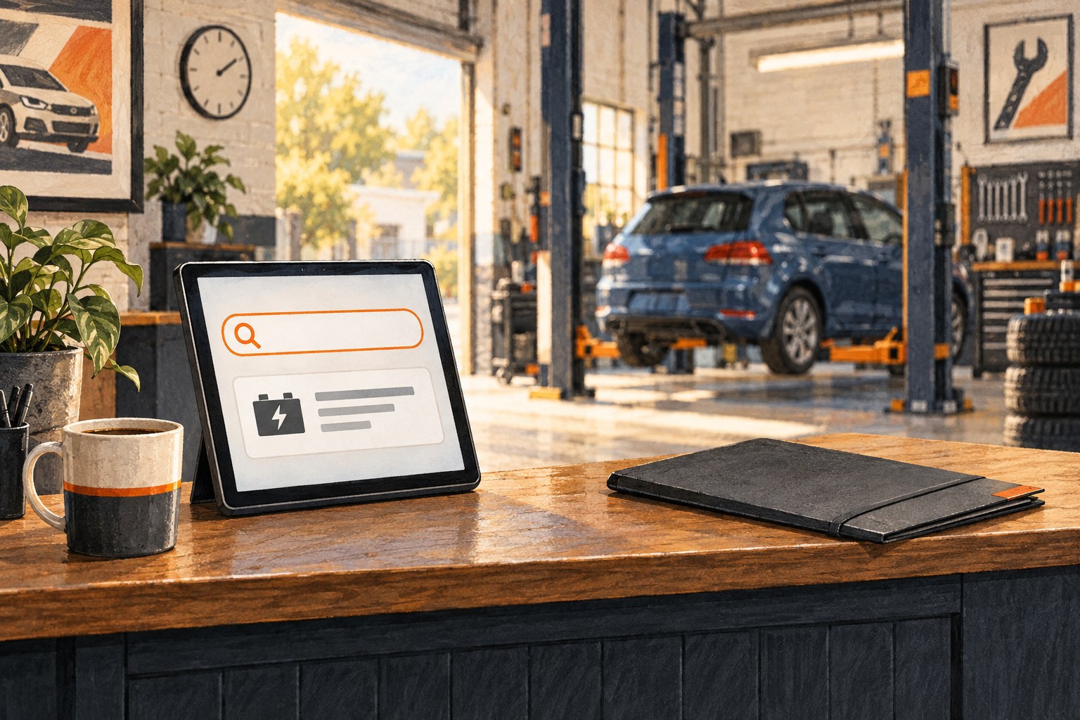 Editorial illustration of a tablet with a search symbol and battery service card on a garage reception counter.