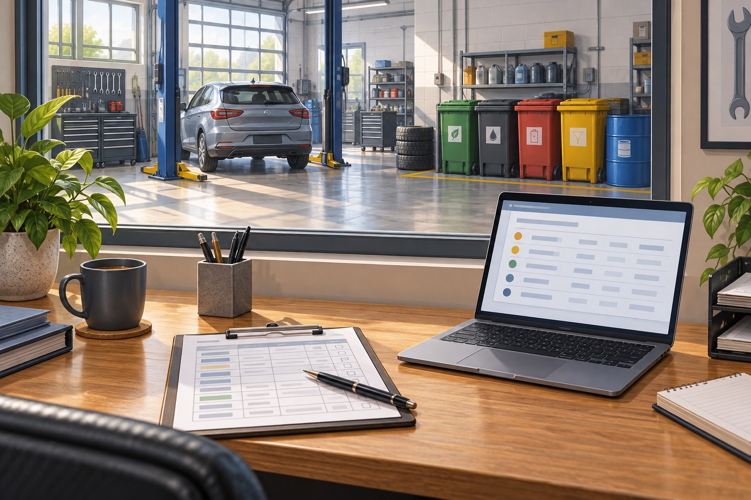Editorial illustration of a garage office desk with a laptop and collection records, overlooking a workshop and closed waste containers