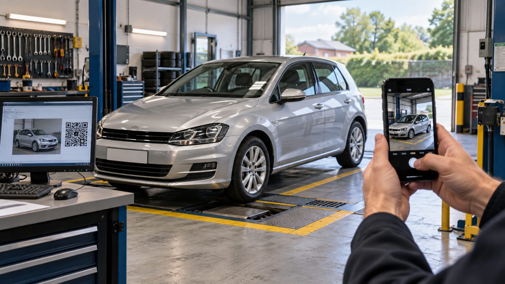 Illustration of a vehicle in an MOT test bay being photographed with a phone