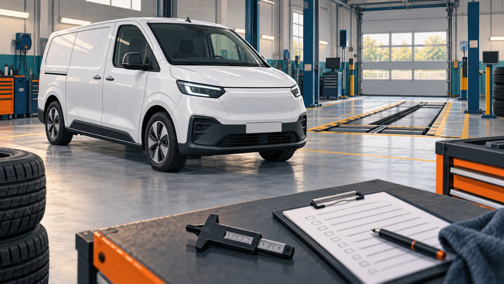 Editorial illustration of an electric van beside a workshop inspection lane, with a clipboard and tread gauge