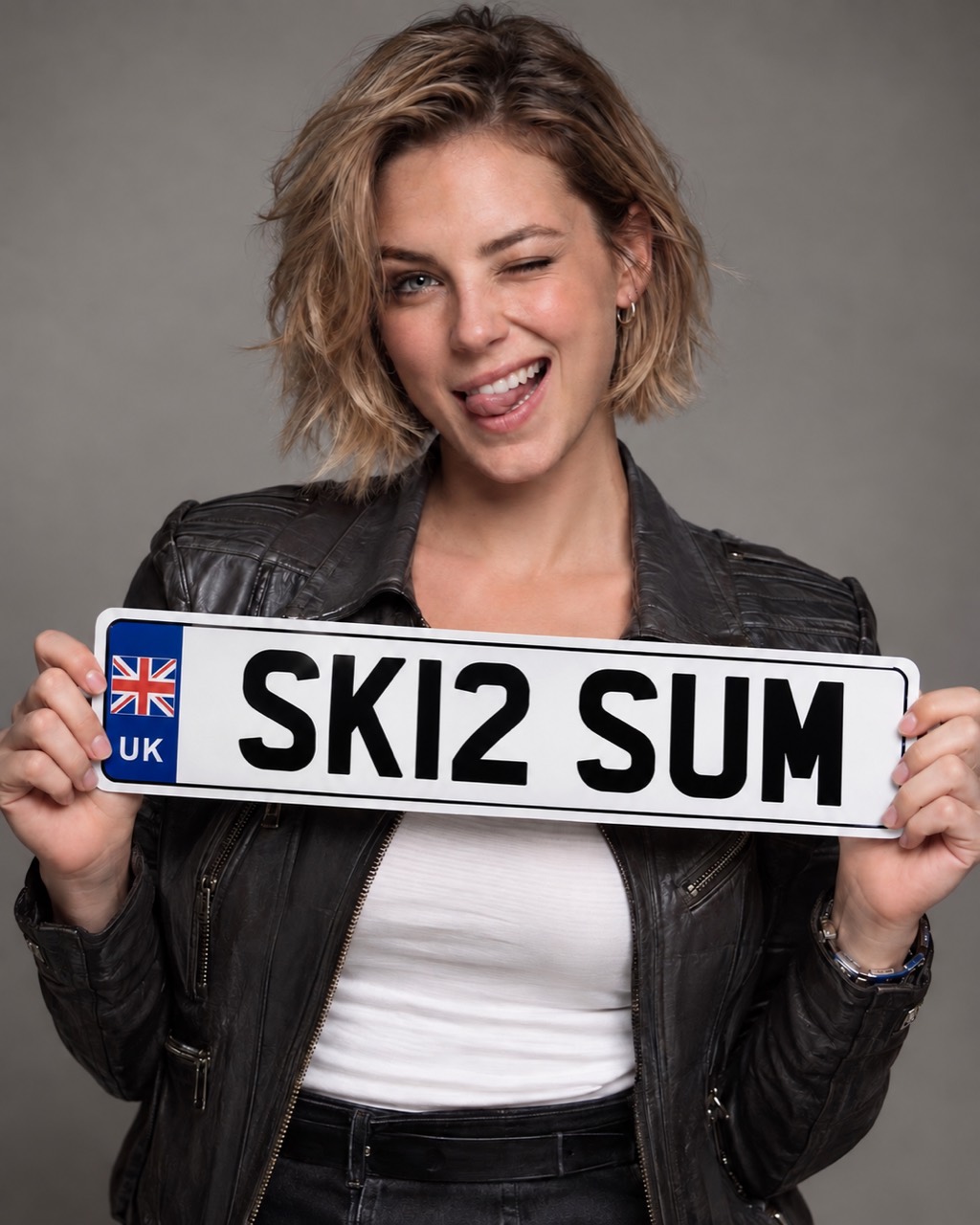 Sky Summer winking and holding a personalised number plate.