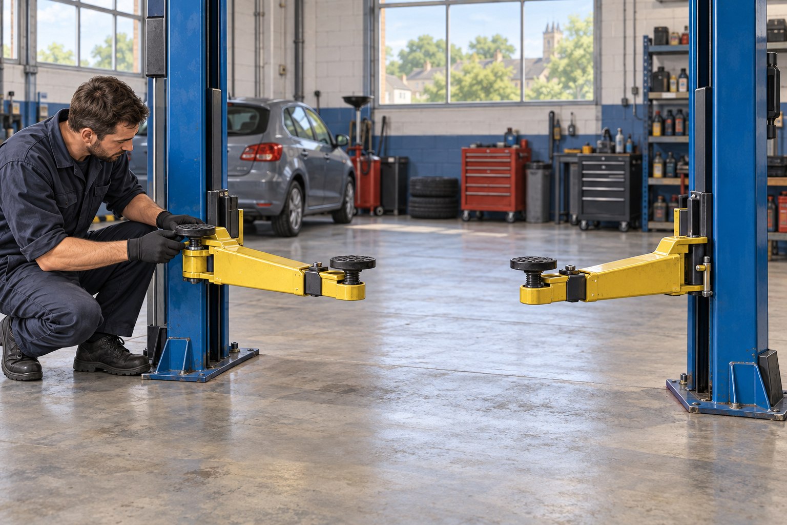 AI-generated editorial illustration of a mechanic checking a pad on an empty two-post vehicle lift, with a car parked away from the lift