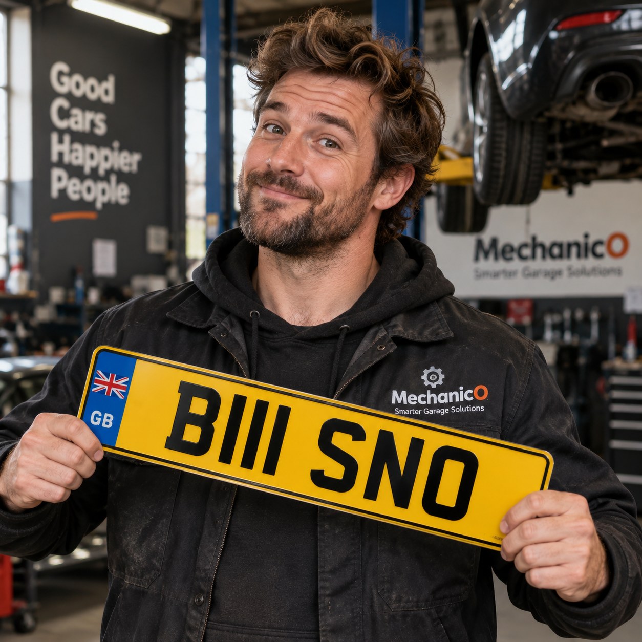 Billy Snow in a MechanicO workshop holding a personalised UK number plate